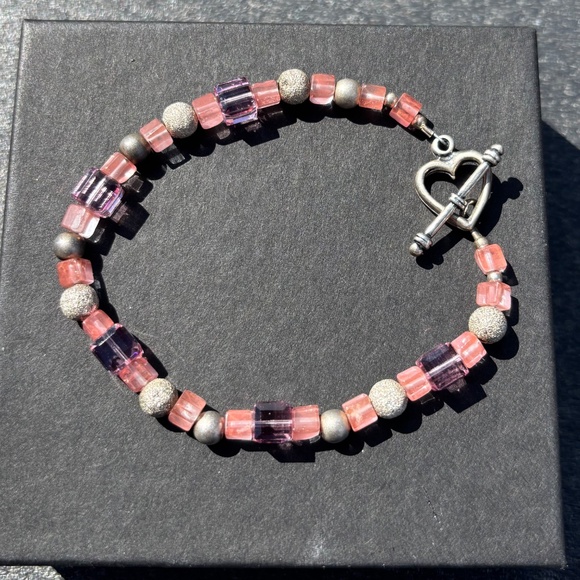 2 Handmade Pink & Clear Crystal w/ Silver Accents Bracelets - Picture 2 of 15